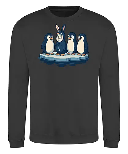 imposter - penguins, ice float, rabbit costume, humor, contrast, quizzical, expressions, whimsical, scene, playful - Sweatshirt