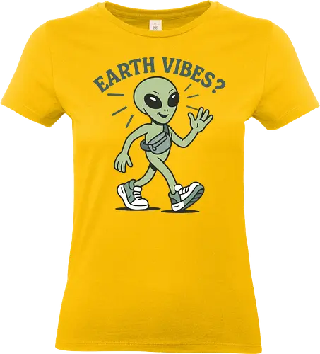 EARTH VIBES? - alien, cartoon, walking, sneaker, bag, casual, playful, text, typography, vibe - Standard T-Shirt (Women)