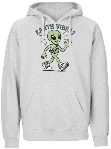 EARTH VIBES? - alien, cartoon, walking, sneaker, bag, casual, playful, text, typography, vibe - Fairtrade Hoodie