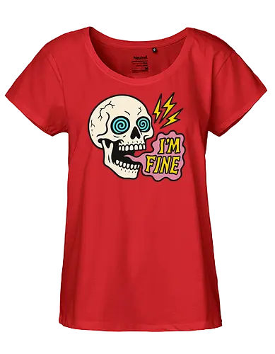 skull i'm fine - skull, cartoon, humor, text, lightning, pop art, design, expression, colorful, digital art - Fairtrade Girl Shirt