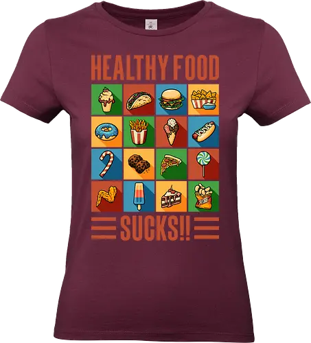 Healthy Food Sucks! - burger, fast food, eat trash, no diet, vintage, flat design, typography, lettering, junk food, foodies, self love, be yourself, cheese burger, hamburger, health, workout, retro, graphic design - Standard T-Shirt (Women)