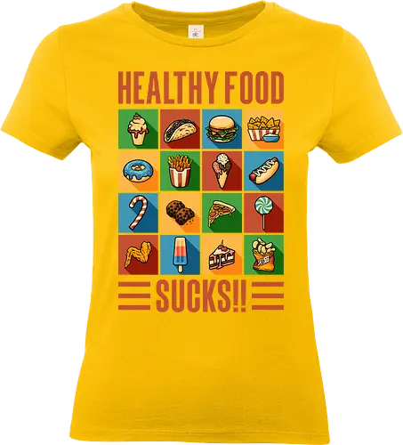 Healthy Food Sucks! - burger, fast food, eat trash, no diet, vintage, flat design, typography, lettering, junk food, foodies, self love, be yourself, cheese burger, hamburger, health, workout, retro, graphic design - Standard T-Shirt (Women)