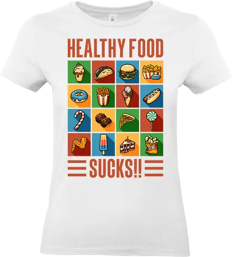 Healthy Food Sucks! - burger, fast food, eat trash, no diet, vintage, flat design, typography, lettering, junk food, foodies, self love, be yourself, cheese burger, hamburger, health, workout, retro, graphic design - Standard T-Shirt (Women)