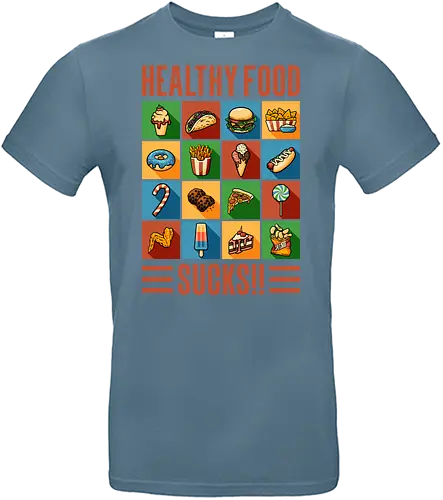 Healthy Food Sucks! - burger, fast food, eat trash, no diet, vintage, flat design, typography, lettering, junk food, foodies, self love, be yourself, cheese burger, hamburger, health, workout, retro, graphic design - Standard T-Shirt