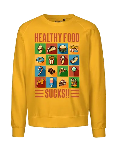 Healthy Food Sucks! - burger, fast food, eat trash, no diet, vintage, flat design, typography, lettering, junk food, foodies, self love, be yourself, cheese burger, hamburger, health, workout, retro, graphic design - Fairtrade Sweatshirt