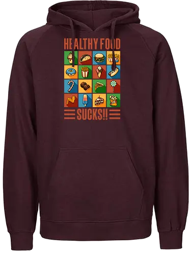 Healthy Food Sucks! - burger, fast food, eat trash, no diet, vintage, flat design, typography, lettering, junk food, foodies, self love, be yourself, cheese burger, hamburger, health, workout, retro, graphic design - Fairtrade Hoodie