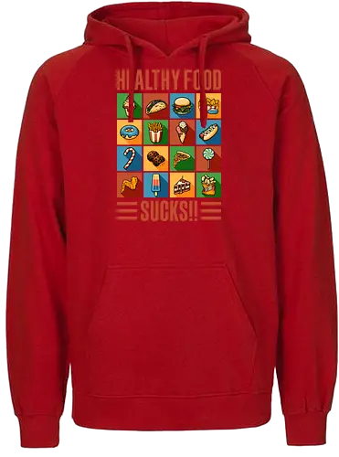 Healthy Food Sucks! - burger, fast food, eat trash, no diet, vintage, flat design, typography, lettering, junk food, foodies, self love, be yourself, cheese burger, hamburger, health, workout, retro, graphic design - Fairtrade Hoodie