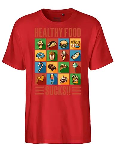 Healthy Food Sucks! - burger, fast food, eat trash, no diet, vintage, flat design, typography, lettering, junk food, foodies, self love, be yourself, cheese burger, hamburger, health, workout, retro, graphic design - Fairtrade T-Shirt