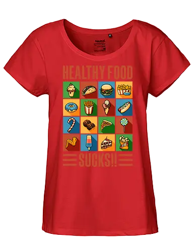 Healthy Food Sucks! - burger, fast food, eat trash, no diet, vintage, flat design, typography, lettering, junk food, foodies, self love, be yourself, cheese burger, hamburger, health, workout, retro, graphic design - Fairtrade Girl Shirt