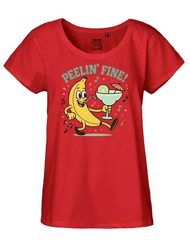 Peelin’ Fine - banana, cartoon, drink, tropical, lime, umbrella, music, fun, text, playful - Fairtrade Girl Shirt