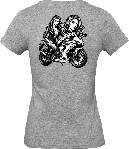Drehmomenta - Motorrad, Frau, Lederjacke, Streetwear, Schwarz-Weiß, Illustration, Grafik, Freisteller, urban, edgy, modern, cool, Power, Style, Rebel, Riding, Motorradfahrer, Fashionprint, Hoodie, Kunst, Design, minimalistisch, selbstbewusst, stark, Motorradkunst, Charakter, Pose, Linienzeichnung, Grafikstil - Standard T-Shirt (Women)