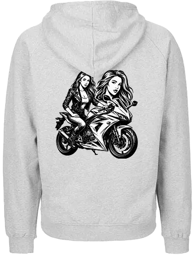 Drehmomenta - Motorrad, Frau, Lederjacke, Streetwear, Schwarz-Weiß, Illustration, Grafik, Freisteller, urban, edgy, modern, cool, Power, Style, Rebel, Riding, Motorradfahrer, Fashionprint, Hoodie, Kunst, Design, minimalistisch, selbstbewusst, stark, Motorradkunst, Charakter, Pose, Linienzeichnung, Grafikstil - Fairtrade Hoodie