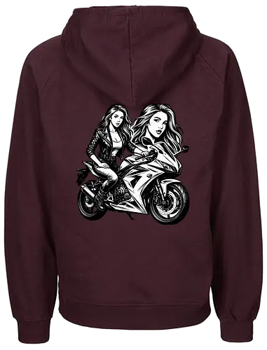 Drehmomenta - Motorrad, Frau, Lederjacke, Streetwear, Schwarz-Weiß, Illustration, Grafik, Freisteller, urban, edgy, modern, cool, Power, Style, Rebel, Riding, Motorradfahrer, Fashionprint, Hoodie, Kunst, Design, minimalistisch, selbstbewusst, stark, Motorradkunst, Charakter, Pose, Linienzeichnung, Grafikstil - Fairtrade Hoodie