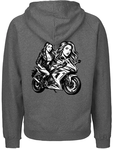 Drehmomenta - Motorrad, Frau, Lederjacke, Streetwear, Schwarz-Weiß, Illustration, Grafik, Freisteller, urban, edgy, modern, cool, Power, Style, Rebel, Riding, Motorradfahrer, Fashionprint, Hoodie, Kunst, Design, minimalistisch, selbstbewusst, stark, Motorradkunst, Charakter, Pose, Linienzeichnung, Grafikstil - Fairtrade Hoodie
