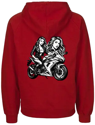 Drehmomenta - Motorrad, Frau, Lederjacke, Streetwear, Schwarz-Weiß, Illustration, Grafik, Freisteller, urban, edgy, modern, cool, Power, Style, Rebel, Riding, Motorradfahrer, Fashionprint, Hoodie, Kunst, Design, minimalistisch, selbstbewusst, stark, Motorradkunst, Charakter, Pose, Linienzeichnung, Grafikstil - Fairtrade Hoodie