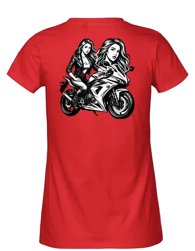 Drehmomenta - Motorrad, Frau, Lederjacke, Streetwear, Schwarz-Weiß, Illustration, Grafik, Freisteller, urban, edgy, modern, cool, Power, Style, Rebel, Riding, Motorradfahrer, Fashionprint, Hoodie, Kunst, Design, minimalistisch, selbstbewusst, stark, Motorradkunst, Charakter, Pose, Linienzeichnung, Grafikstil - Fairtrade Girl Shirt