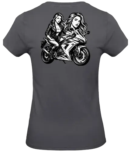 Drehmomenta - Motorrad, Frau, Lederjacke, Streetwear, Schwarz-Weiß, Illustration, Grafik, Freisteller, urban, edgy, modern, cool, Power, Style, Rebel, Riding, Motorradfahrer, Fashionprint, Hoodie, Kunst, Design, minimalistisch, selbstbewusst, stark, Motorradkunst, Charakter, Pose, Linienzeichnung, Grafikstil - Standard T-Shirt (Women)