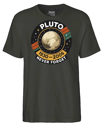 pluto never forget - pluto, retro, badge, space, stars, nostalgia, 1930-2006, planet, stripes, vintage - Fairtrade T-Shirt