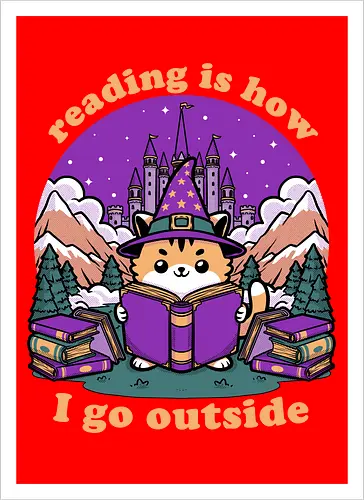 Magical Journey Cat - Geek, Inside, Castle, Read, Reading, Cat, Pet, Magic, Magical, Book, Books, Bookworm, Book Club, library, Fantasy, Adventure, Nerd - Artprint