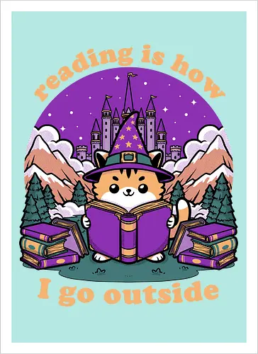 Magical Journey Cat - Geek, Inside, Castle, Read, Reading, Cat, Pet, Magic, Magical, Book, Books, Bookworm, Book Club, library, Fantasy, Adventure, Nerd - Artprint