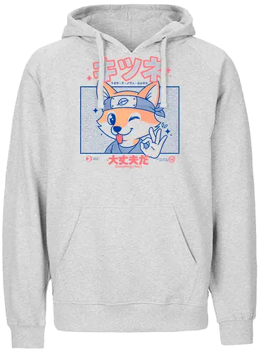 Stay OK Fox - kitsune, kawaii, anime fox, Japanese design, manga style, ninja fox, everything’s fine, Japanese text, halftone pattern, otaku, cute animal, Japan pop culture, chibi fox, zen vibes, cartoon character - Fairtrade Hoodie