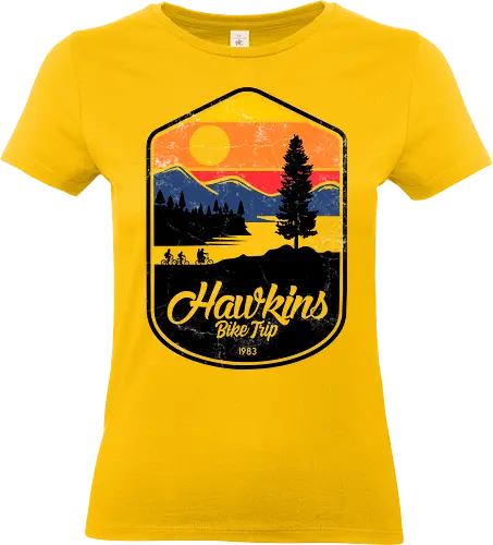 Hawkins Bike Trip - Hawkins, Strange, 1983, retro sunset, bike trip, kids on bikes, 80s nostalgia, adventure patch, pine trees, vintage aesthetic, sci-fi mystery, outdoor vibes, retro badge, synthwave style - Standard T-Shirt (Women)