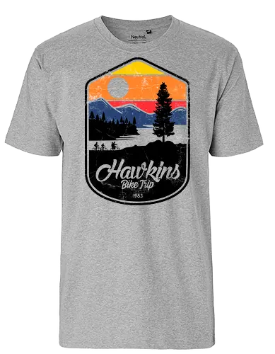Hawkins Bike Trip - Hawkins, Strange, 1983, retro sunset, bike trip, kids on bikes, 80s nostalgia, adventure patch, pine trees, vintage aesthetic, sci-fi mystery, outdoor vibes, retro badge, synthwave style - Fairtrade T-Shirt