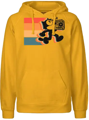 Retro Groove Cat - dancing cat, retro cat, 80s aesthetic, boombox, vintage cartoon, funky cat, music lover, nostalgia, colorful design, pop culture, vaporwave vibes, old school cool - Fairtrade Hoodie