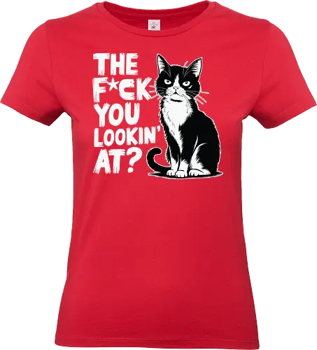 THE F*CK YOU LOOKIN' AT? - cat, grumpy, humor, text, typography, black and white, attitude, expression, graphic design - Standard T-Shirt (Women)