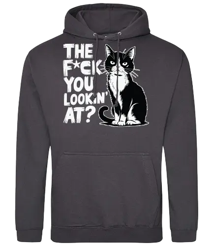 THE F*CK YOU LOOKIN' AT? - cat, grumpy, humor, text, typography, black and white, attitude, expression, graphic design - Standard Hoodie