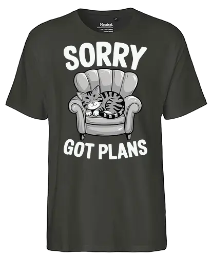 Sorry, Got Plans - cat, armchair, text, humorous, lounging, relaxed, playful, cute - Fairtrade T-Shirt