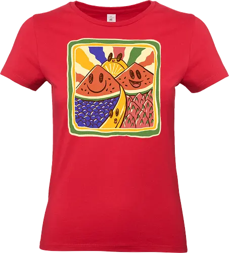 fresh fruits concerts - kawaii, fruits, mountain, kids drawing, kids, love, colorful, rainbow, watermelon, banana, orange, dragonfruit, grape, landscape, funny, cute - Standard T-Shirt (Women)