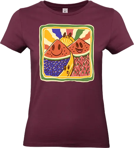fresh fruits concerts - kawaii, fruits, mountain, kids drawing, kids, love, colorful, rainbow, watermelon, banana, orange, dragonfruit, grape, landscape, funny, cute - Standard T-Shirt (Women)