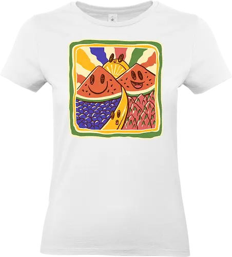 fresh fruits concerts - kawaii, fruits, mountain, kids drawing, kids, love, colorful, rainbow, watermelon, banana, orange, dragonfruit, grape, landscape, funny, cute - Standard T-Shirt (Women)