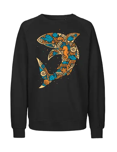 Tropical Shark Mosaic - shark, beach vibes, fish, marine life, ocean lover, aquatic, shell, summer, tribal, tropical, wildlife, polynesian, hawaii - Fairtrade Sweatshirt