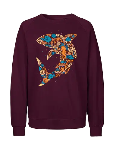 Tropical Shark Mosaic - shark, beach vibes, fish, marine life, ocean lover, aquatic, shell, summer, tribal, tropical, wildlife, polynesian, hawaii - Fairtrade Sweatshirt