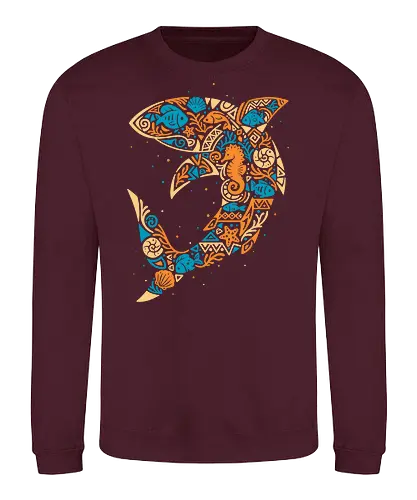 Tropical Shark Mosaic - shark, beach vibes, fish, marine life, ocean lover, aquatic, shell, summer, tribal, tropical, wildlife, polynesian, hawaii - Sweatshirt