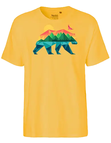 Mountain Bear - travel, outdoors, camping, adventure, bear, bird, eagle, explore, geometric, hiking, lake, minimal, minimalist, mountain, nature - Fairtrade T-Shirt