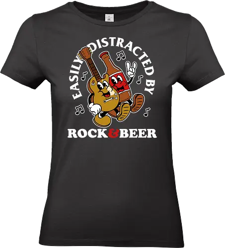 Easily Distracted By Rock & Beer - beer, alcohol, band, cartoon, drink, drinking, drunk, friendship, fun, funny, metal, music, musician, party, rock - Standard T-Shirt (Women)