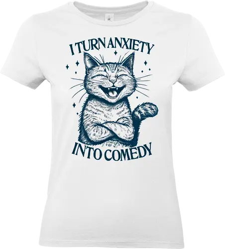 Anxiety to Comedy - anxiety, anxious, overthink, overthinking, comedy, mental health matters, retro, cat, self care, awareness - Standard T-Shirt (Women)