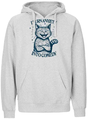 Anxiety to Comedy - anxiety, anxious, overthink, overthinking, comedy, mental health matters, retro, cat, self care, awareness - Fairtrade Hoodie