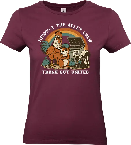 Respect The Alley Crew - animals, rooster, squirrel, skunk, dumpster, snacks, humor, camaraderie, unity, alley - Standard T-Shirt (Women)