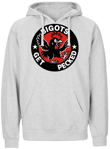 BIGOTS GET PECKED - graphic, stars, message, statement, rooster, bold, circular design, red background, text, anti-bigotry - Fairtrade Hoodie