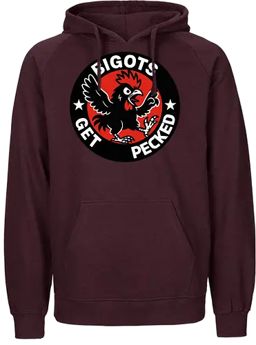 BIGOTS GET PECKED - graphic, stars, message, statement, rooster, bold, circular design, red background, text, anti-bigotry - Fairtrade Hoodie