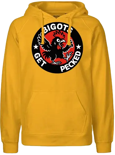 BIGOTS GET PECKED - graphic, stars, message, statement, rooster, bold, circular design, red background, text, anti-bigotry - Fairtrade Hoodie