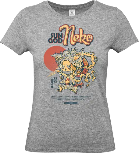Sun God Neko on White 2 - sun god, pirate, mugiwara, sun god nika, straw hat pirates, kawaii, cat, kitty, meow, kitten, anime parody, chibi cat, anime joke, mash up, gear 5, pirates, manga, meme, funny, vintage, retro design, streetwear, otaku, weeb - Standard T-Shirt (Women)
