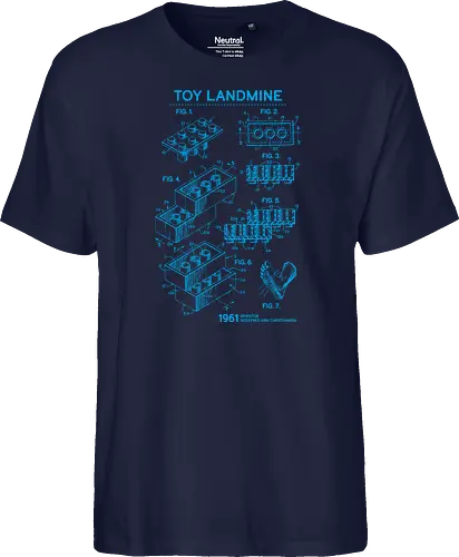 Toy Trap Blueprint - Lego, legos, funny, bricks, lego blueprint, blueprint, inventor, toys on floor, dad, fathers day, humour, toy mat, box of toys, foot, standing on toys - Fairtrade T-Shirt