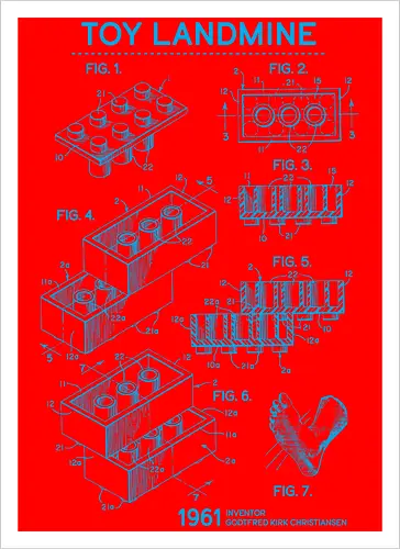 Toy Trap Blueprint - Lego, legos, funny, bricks, lego blueprint, blueprint, inventor, toys on floor, dad, fathers day, humour, toy mat, box of toys, foot, standing on toys - Artprint