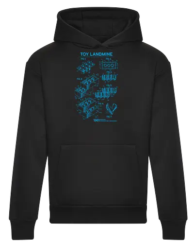 Toy Trap Blueprint - Lego, legos, funny, bricks, lego blueprint, blueprint, inventor, toys on floor, dad, fathers day, humour, toy mat, box of toys, foot, standing on toys - Heavyweight Hoodie