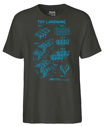 Toy Trap Blueprint - Lego, legos, funny, bricks, lego blueprint, blueprint, inventor, toys on floor, dad, fathers day, humour, toy mat, box of toys, foot, standing on toys - Fairtrade T-Shirt